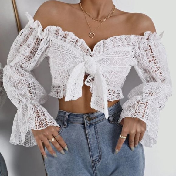 . Tops - Bell Sleeve Tie Front Lace Crop Top